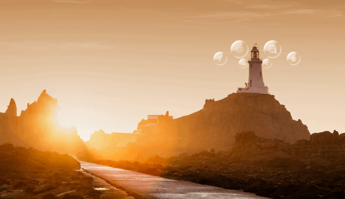 Jersey landmark Corbiere lighthouse at sunset
